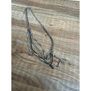 Brushed Silver Tone Box Multi Chain Rhinestone Long Necklace 40"